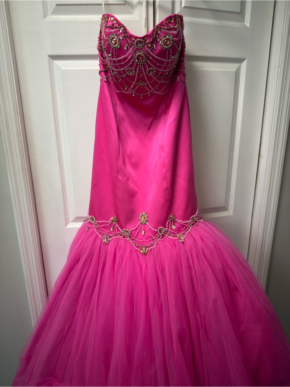 Sherri Hill Hot Pink Beaded Tulle Mermaid Gown